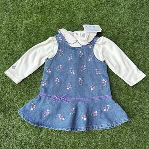 NWT Vtg 90s Miniwear Denim‎ Dress 12M Sleeveless with Embroidered Flowers